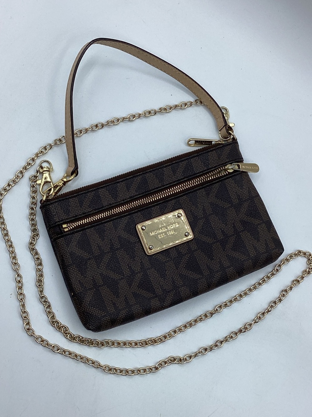 Michael Kors Brown MK Logo Crossbody with Gold Chain 5”x8”